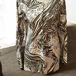 Madison Asymmetrical Brown and Beige Long Sleeve Blouse Made of a Silk Blend